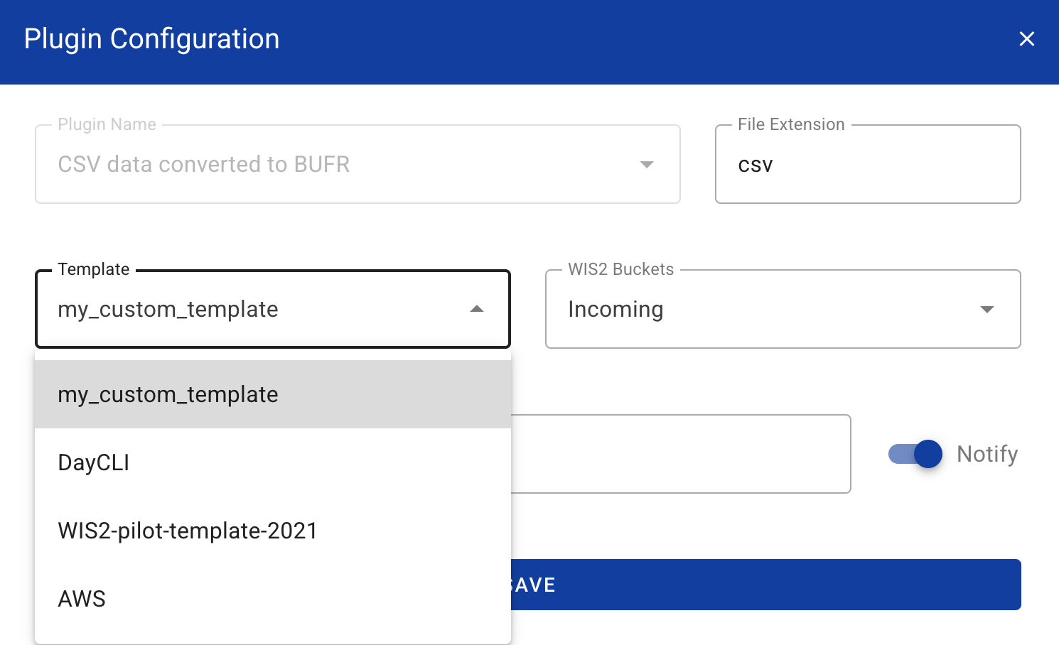 Image showing the csv2bufr-templates in the wis2box-webapp